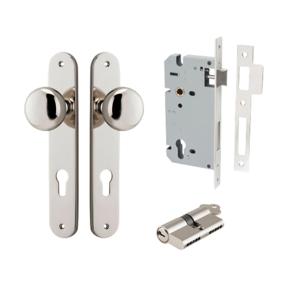 Door Knob Cambridge Oval Euro Polished Nickel CTC85mm H240xW40xP67mm Entrance Kit, Mortice Lock Euro Polished Nickel CTC85mm Backset 60mm, Euro Cylinder Dual Function 5 Pin Polished Nickel L65mm KA1 in Polished Nickel