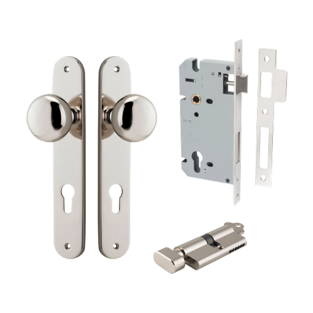 Door Knob Cambridge Oval Euro Polished Nickel CTC85mm H240xW40xP67mm Entrance Kit, Mortice Lock Euro Polished Nickel CTC85mm Backset 60mm, Euro Cylinder Key Thumb 6 Pin Polished Nickel L70mm KA1 in Polished Nickel