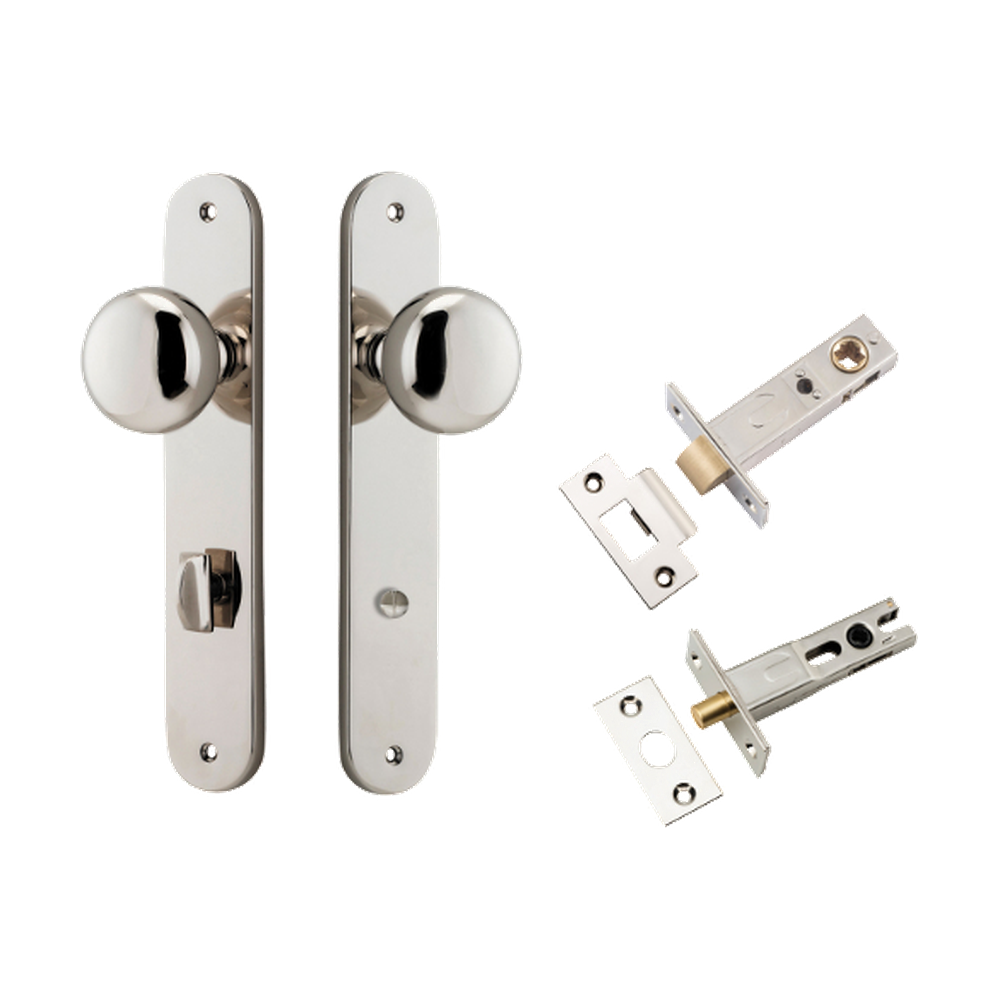 Door Knob Cambridge Oval Privacy Polished Nickel CTC85mm H240xW40xP67mm Inbuilt Privacy Kit, Tube Latch Split Cam 'T' Striker Polished Nickel Backset 60mm, Privacy Bolt Round Bolt Polished Nickel Backset 60mm in Polished Nickel