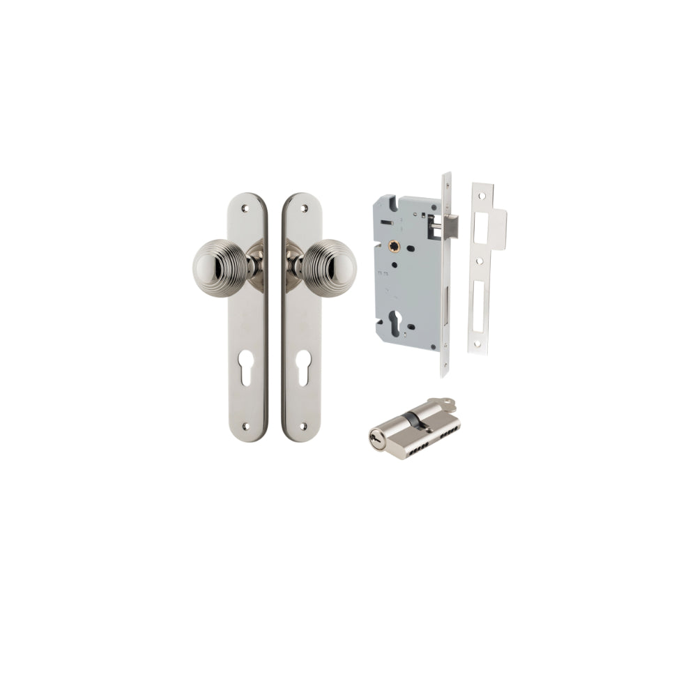 Door Knob Guildford Oval Euro Polished Nickel CTC85mm H240xW40xP60mm Entrance Kit, Mortice Lock Euro Polished Nickel CTC85mm Backset 60mm, Euro Cylinder Dual Function 5 Pin Polished Nickel L65mm KA1 in Polished Nickel