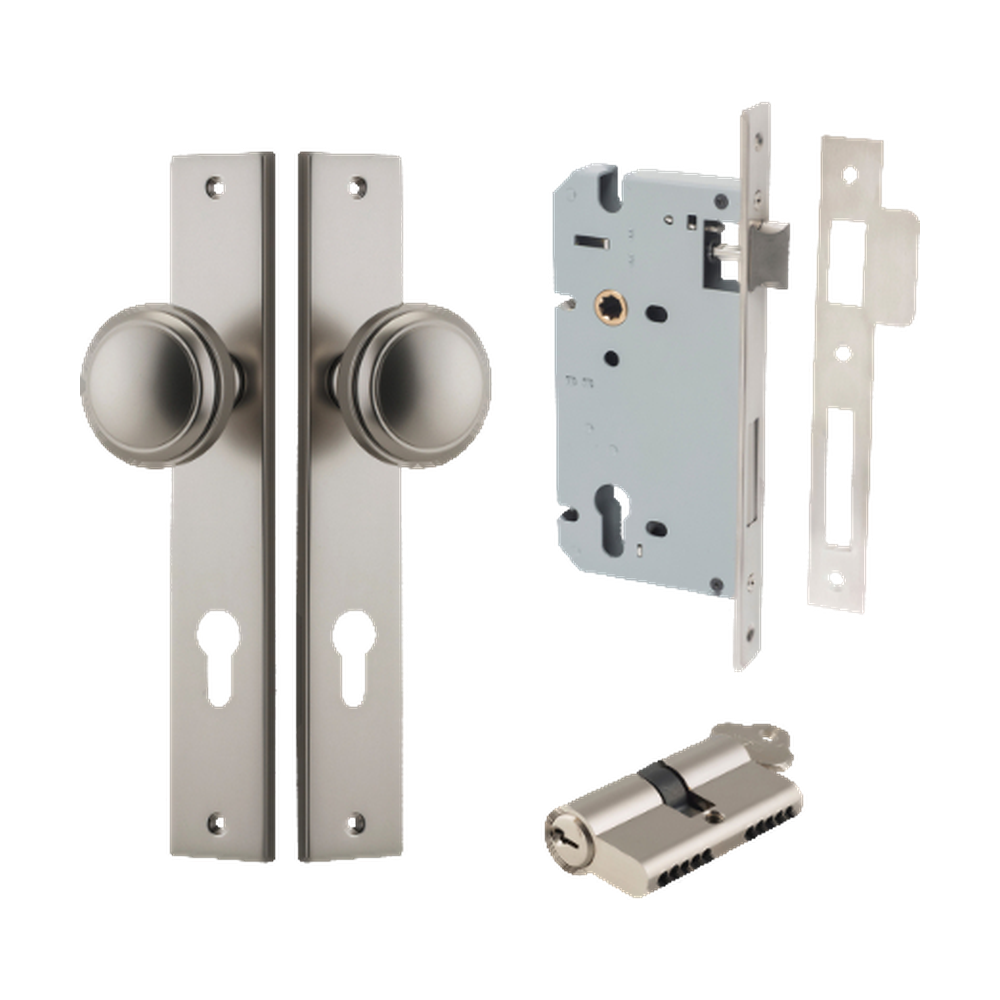 Door Knob Paddington Rectangular Euro Satin Nickel CTC85mm H240xW38xP68mm Entrance Kit Mortice Lock Euro Satin Nickel CTC85mm Backset 60mm, Euro Cylinder Dual Function 5 Pin Satin Nickel L65mm KA1 in Satin Nickel