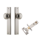 Pair of Iver Paddington knobs on rectangular backplates, decorative architectural hardware for doors, in a sleek metal finish.