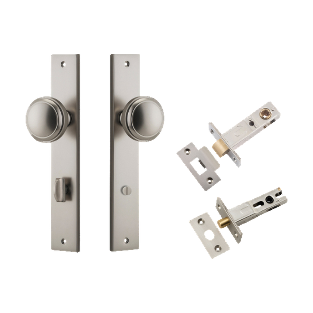 Door Knob Paddington Rectangular Privacy Satin Nickel CTC85mm H240xW38xP68mm Inbuilt Privacy Kit Tube Latch Split Cam 'T' Striker Satin Nickel Backset 60mm, Privacy Bolt Round Bolt Satin Nickel Backset 60mm in Satin Nickel