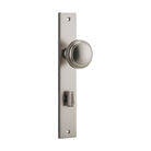 Pair of Iver Paddington knobs on rectangular backplates, architectural hardware with polished metal finish, for doors or furniture.