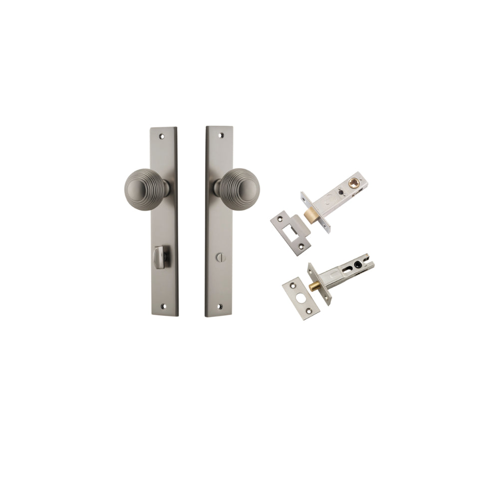 Door Knob Guildford Rectangular Privacy Satin Nickel CTC85mm H240xW38xP60mm Inbuilt Privacy Kit Tube Latch Split Cam 'T' Striker Satin Nickel Backset 60mm, Privacy Bolt Round Bolt Satin Nickel Backset 60mm in Satin Nickel