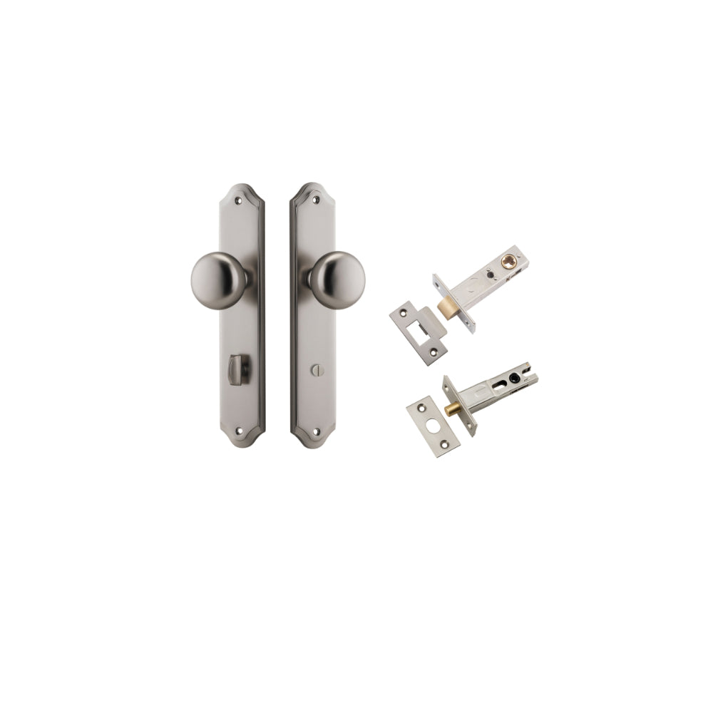 Door Knob Cambridge Shouldered Privacy Satin Nickel CTC85mm H240xW50xP67mm Inbuilt Privacy Kit, Tube Latch Split Cam 'T' Striker Satin Nickel Backset 60mm, Privacy Bolt Round Bolt Satin Nickel Backset 60mm in Satin Nickel