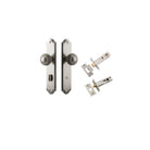 Door Knob Guildford Shouldered Privacy Satin Nickel CTC85mm H240xW50xP60mm Inbuilt Privacy Kit, Tube Latch Split Cam 'T' Striker Satin Nickel Backset 60mm, Privacy Bolt Round Bolt Satin Nickel Backset 60mm in Satin Nickel