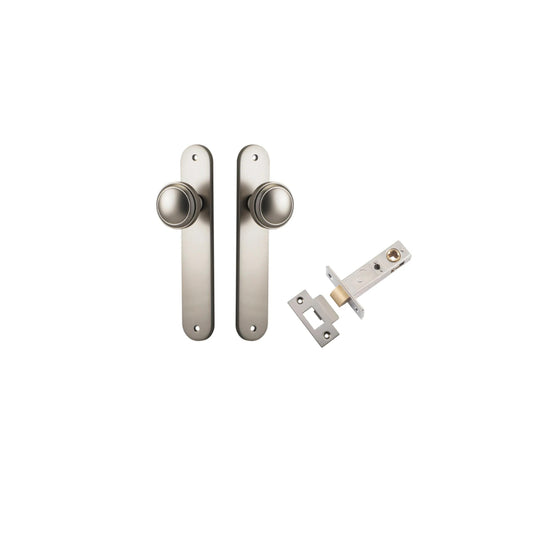 Door Knob Paddington Oval Latch Satin Nickel H240xW40xP68mm Passage Kit, Tube Latch Split Cam 'T' Striker Satin Nickel Backset 60mm in Satin Nickel