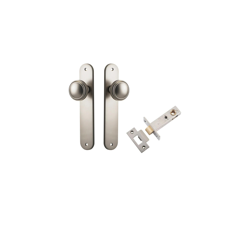Door Knob Paddington Oval Latch Satin Nickel H240xW40xP68mm Passage Kit, Tube Latch Split Cam 'T' Striker Satin Nickel Backset 60mm in Satin Nickel