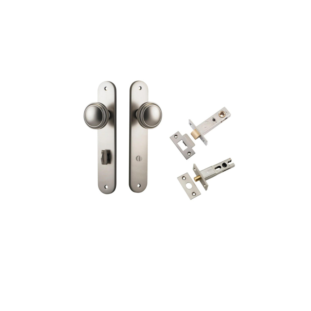 Door Knob Paddington Oval Privacy Satin Nickel CTC85mm H240xW40xP68mm Inbuilt Privacy Kit, Tube Latch Split Cam 'T' Striker Satin Nickel Backset 60mm, Privacy Bolt Round Bolt Satin Nickel Backset 60mm in Satin Nickel