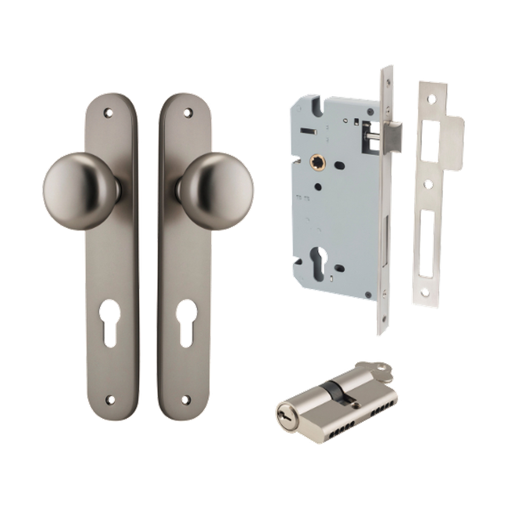 Door Knob Cambridge Oval Euro Satin Nickel CTC85mm H240xW40xP67mm Entrance Kit, Mortice Lock Euro Satin Nickel CTC85mm Backset 60mm, Euro Cylinder Dual Function 5 Pin Satin Nickel L65mm KA1 in Satin Nickel