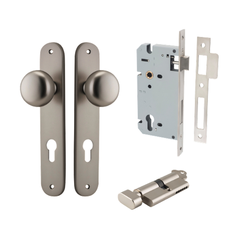 Door Knob Cambridge Oval Euro Satin Nickel CTC85mm H240xW40xP67mm Entrance Kit, Mortice Lock Euro Satin Nickel CTC85mm Backset 60mm, Euro Cylinder Key Thumb 6 Pin Satin Nickel L70mm KA1 in Satin Nickel