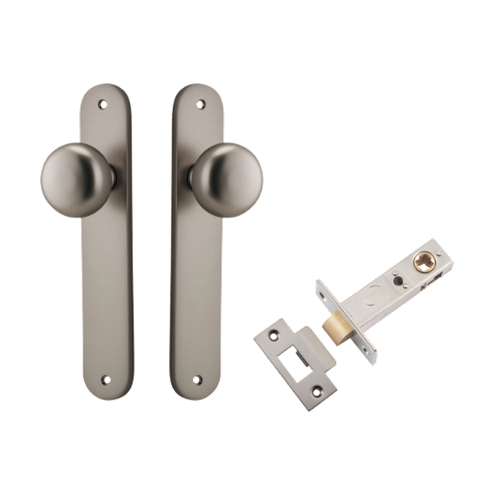 Door Knob Cambridge Oval Latch Satin Nickel H240xW40xP67mm Passage Kit, Tube Latch Split Cam 'T' Striker Satin Nickel Backset 60mm in Satin Nickel