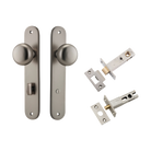 Door Knob Cambridge Oval Privacy Satin Nickel CTC85mm H240xW40xP67mm Inbuilt Privacy Kit, Tube Latch Split Cam 'T' Striker Satin Nickel Backset 60mm, Privacy Bolt Round Bolt Satin Nickel Backset 60mm in Satin Nickel