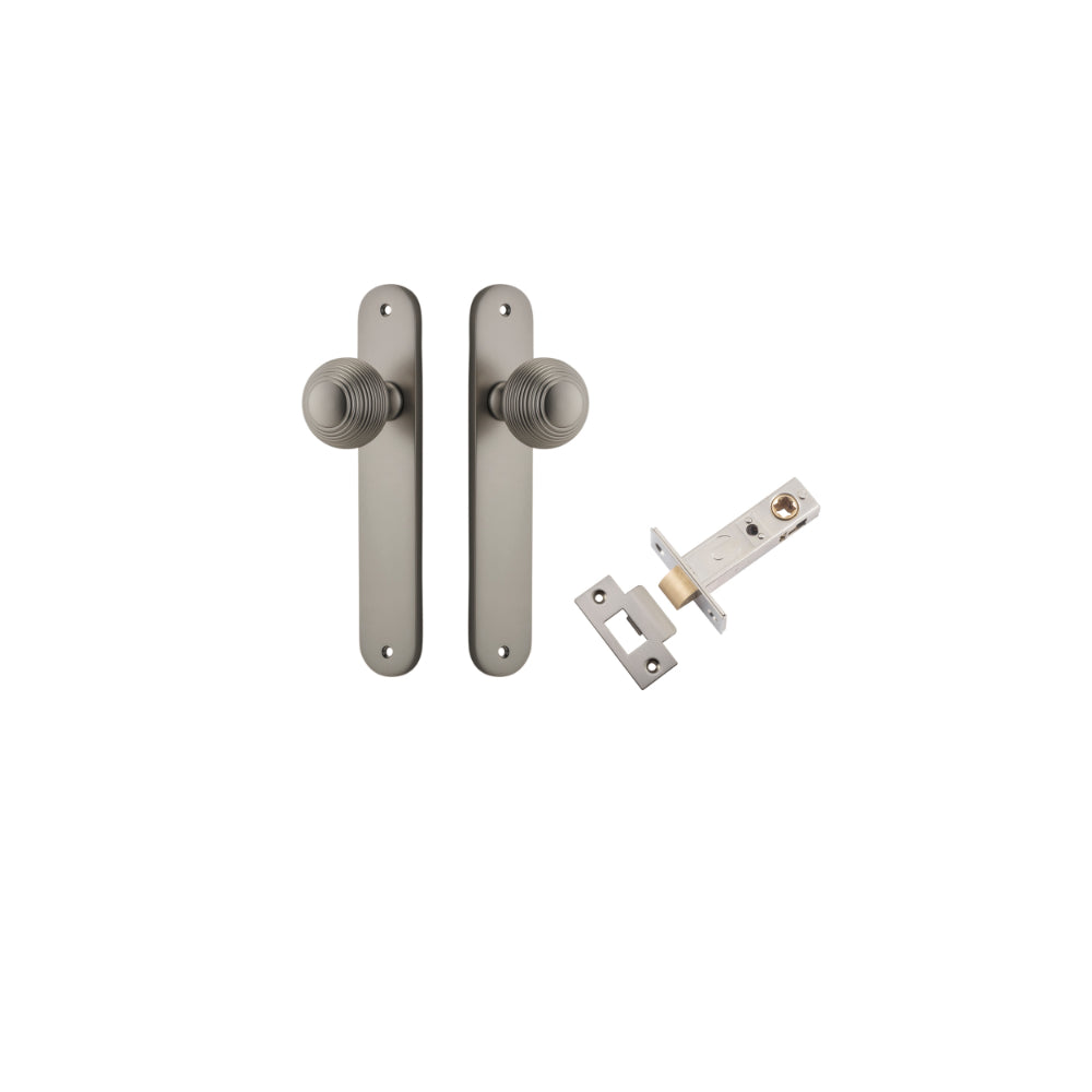 Door Knob Guildford Oval Latch Satin Nickel H240xW40xP60mm Passage Kit, Tube Latch Split Cam 'T' Striker Satin Nickel Backset 60mm in Satin Nickel