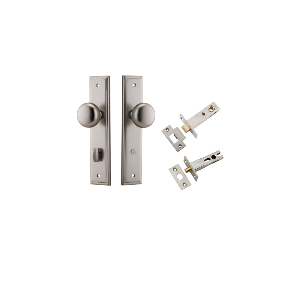 Door Knob Cambridge Stepped Privacy Satin Nickel CTC85mm H240xW50xP67mm Inbuilt Privacy Kit, Tube Latch Split Cam 'T' Striker Satin Nickel Backset 60mm, Privacy Bolt Round Bolt Satin Nickel Backset 60mm in Satin Nickel