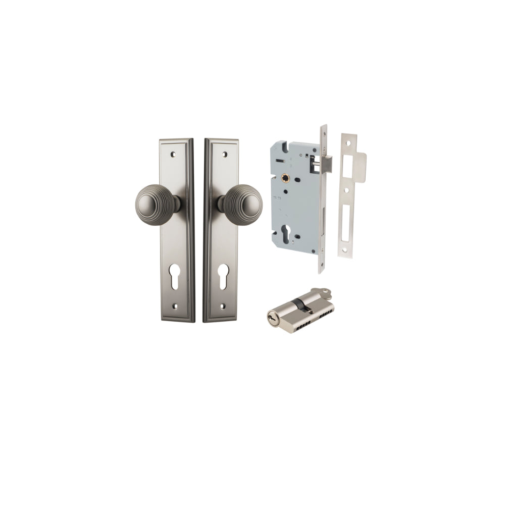 Door Knob Guildford Stepped Euro Satin Nickel CTC85mm H240xW50xP60mm Entrance Kit, Mortice Lock Euro Satin Nickel CTC85mm Backset 60mm, Euro Cylinder Dual Function 5 Pin Satin Nickel L65mm KA1 in Satin Nickel