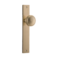 Pair of Iver Paddington knobs on rectangular backplates, featuring polished metal architectural hardware for doors or cabinets.