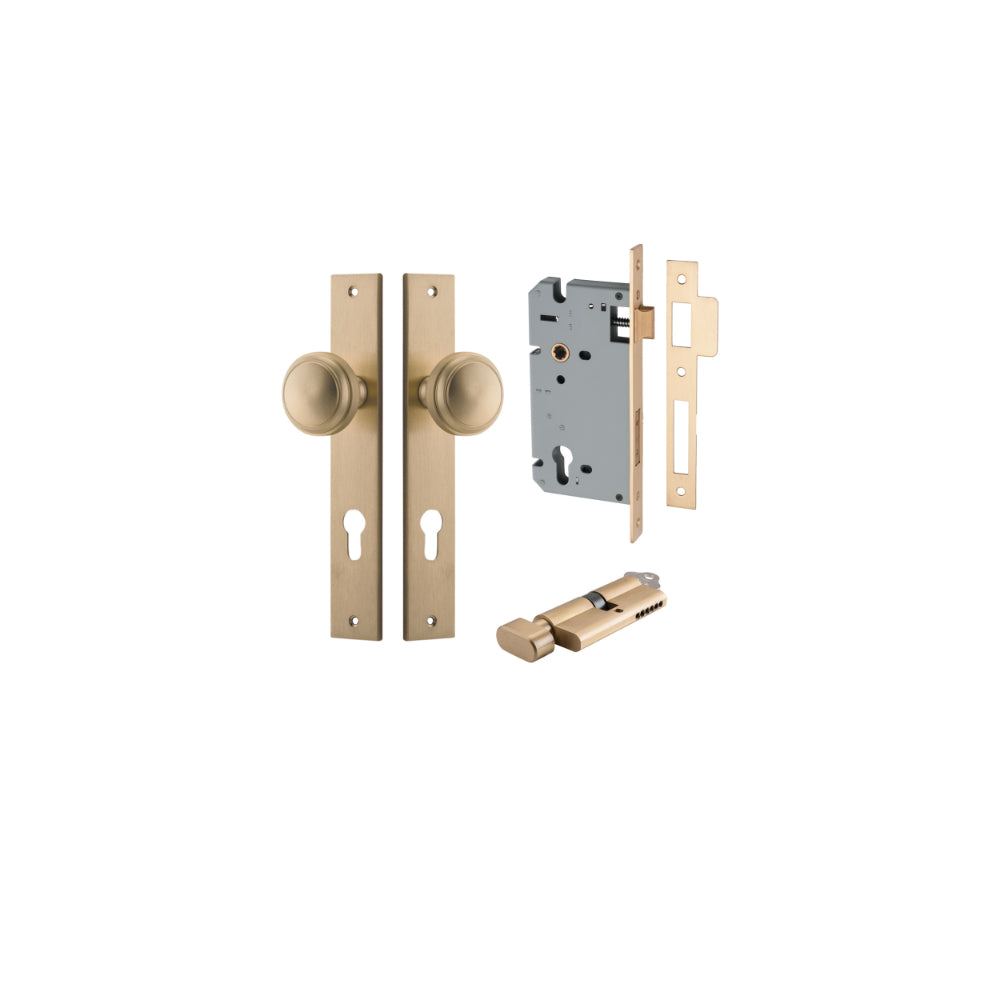Door Knob Paddington Rectangular Euro Brushed Brass CTC85mm H240xW38xP68mm Entrance Kit Mortice Lock Euro Brushed Brass CTC85mm Backset 60mm, Euro Cylinder Key Thumb 6 Pin Brushed Brass L70mm  

 KA1 in Brushed Brass
