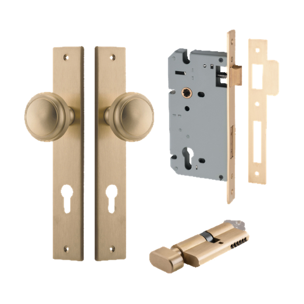 Door Knob Paddington Rectangular Euro Brushed Brass CTC85mm H240xW38xP68mm Entrance Kit Mortice Lock Euro Brushed Brass CTC85mm Backset 60mm, Euro Cylinder Key Thumb 6 Pin Brushed Brass L70mm  
 KA1 in Brushed Brass
