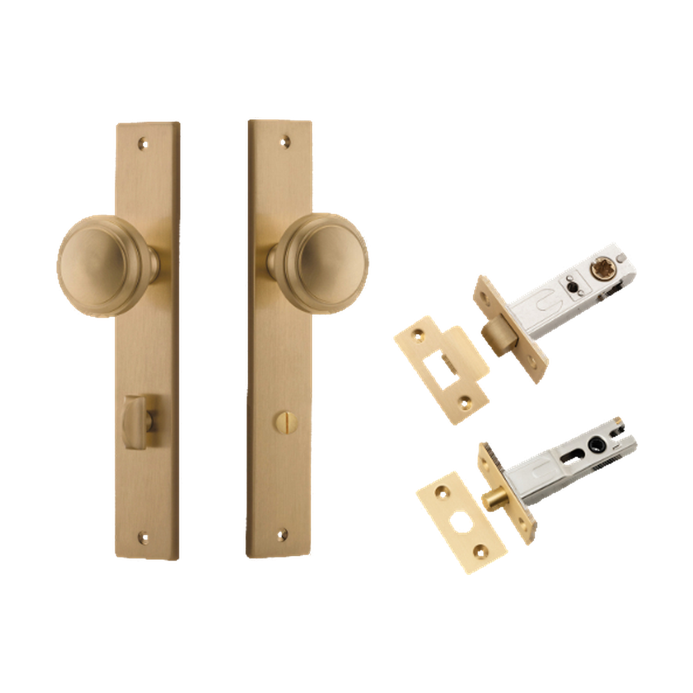 Door Knob Paddington Rectangular Privacy Brushed Brass CTC85mm H240xW38xP68mm Inbuilt Privacy Kit Tube Latch Split Cam 'T' Striker Brushed Brass Backset 60mm, Privacy Bolt Round Bolt Brushed Brass Backset 60mm in Brushed Brass