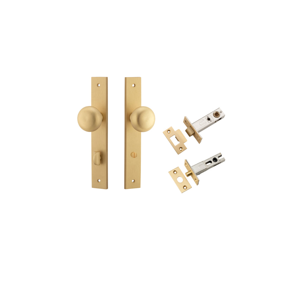 Door Knob Cambridge Rectangular Privacy Satin Brass CTC85mm H240xW38xP67mm Inbuilt Privacy Kit Tube Latch Split Cam 'T' Striker Brushed Brass Backset 60mm, Privacy Bolt Round Bolt Brushed Brass Backset 60mm in Brushed Brass