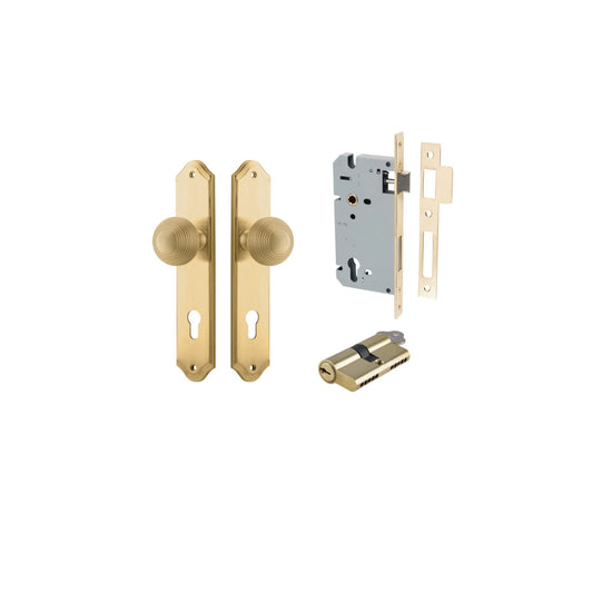 Door Knob Guildford Shouldered Euro Pair Brushed Brass CTC85mm D53xP74mm BPH250xW48mm, Mortice Lock Euro Brushed Brass CTC85mm Backset 60mm, Euro Cylinder Dual Function 5 Pin Brushed Brass 65mm KA4 in Brushed Brass