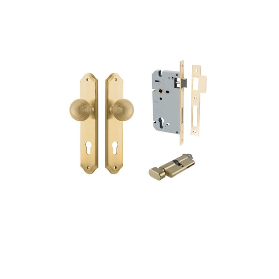 Door Knob Guildford Shouldered Euro Pair Brushed Brass CTC85mm D53xP74mm BPH250xW48mm, Mortice Lock Euro Brushed Brass CTC85mm Backset 60mm, Euro Cylinder Key Thumb 5 Pin Brushed Brass 65mm KA4 in Brushed Brass