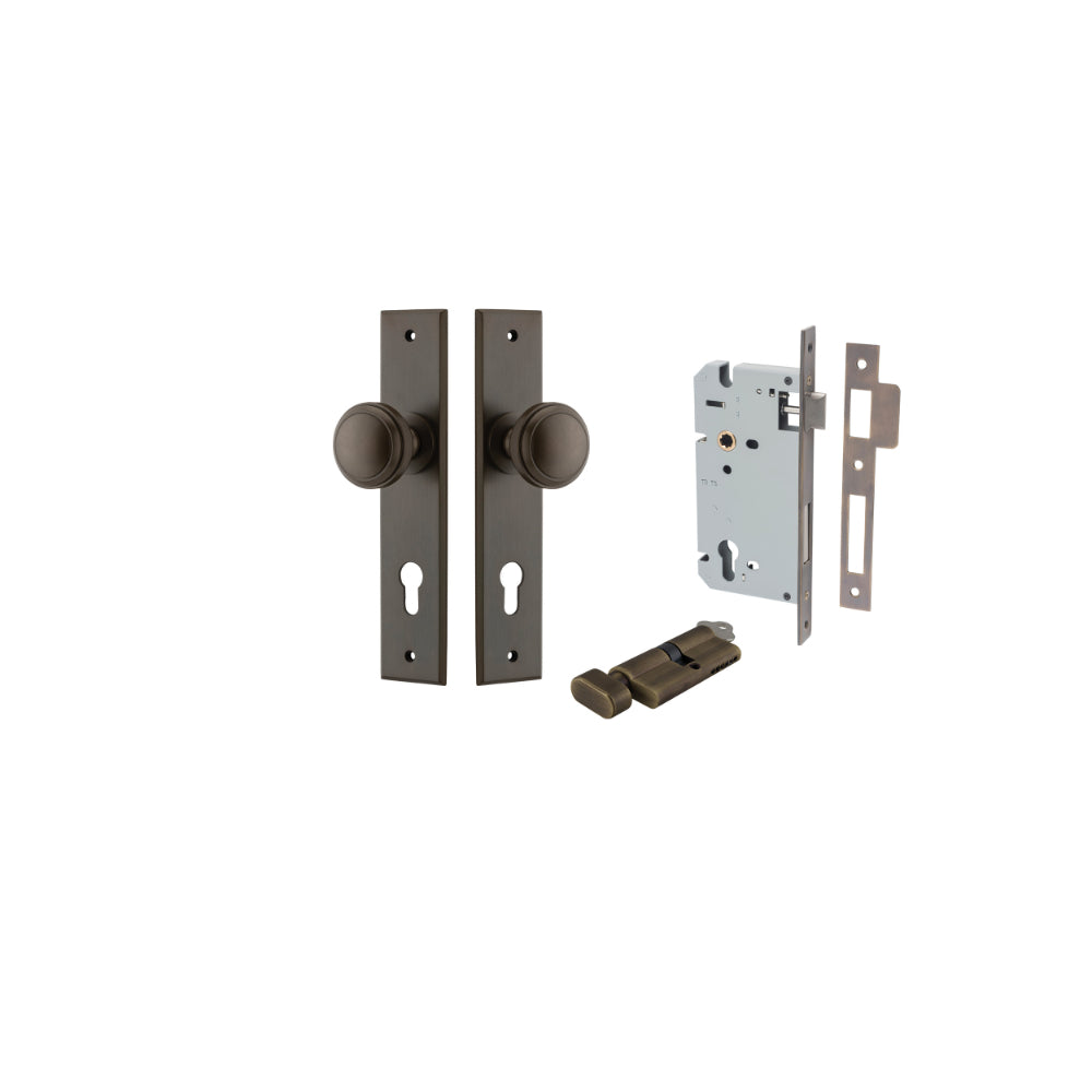 Door Knob Paddington Chamfered Euro Pair Brushed Brass CTC85mm D55xP63mm BPH240xW50mm, Mortice Lock Euro Brushed Brass CTC85mm Backset 60mm, Euro Cylinder Key Thumb 5 Pin Brushed Brass 65mm KA4 in Signature Brass