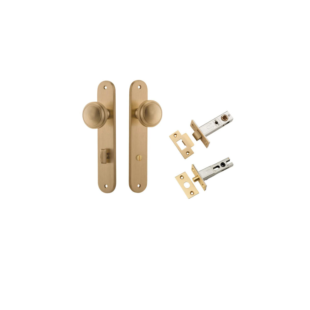 Door Knob Paddington Oval Privacy Brushed Brass CTC85mm H240xW40xP68mm Inbuilt Privacy Kit, Tube Latch Split Cam 'T' Striker Brushed Brass Backset 60mm, Privacy Bolt Round Bolt Brushed Brass Backset 60mm in Brushed Brass