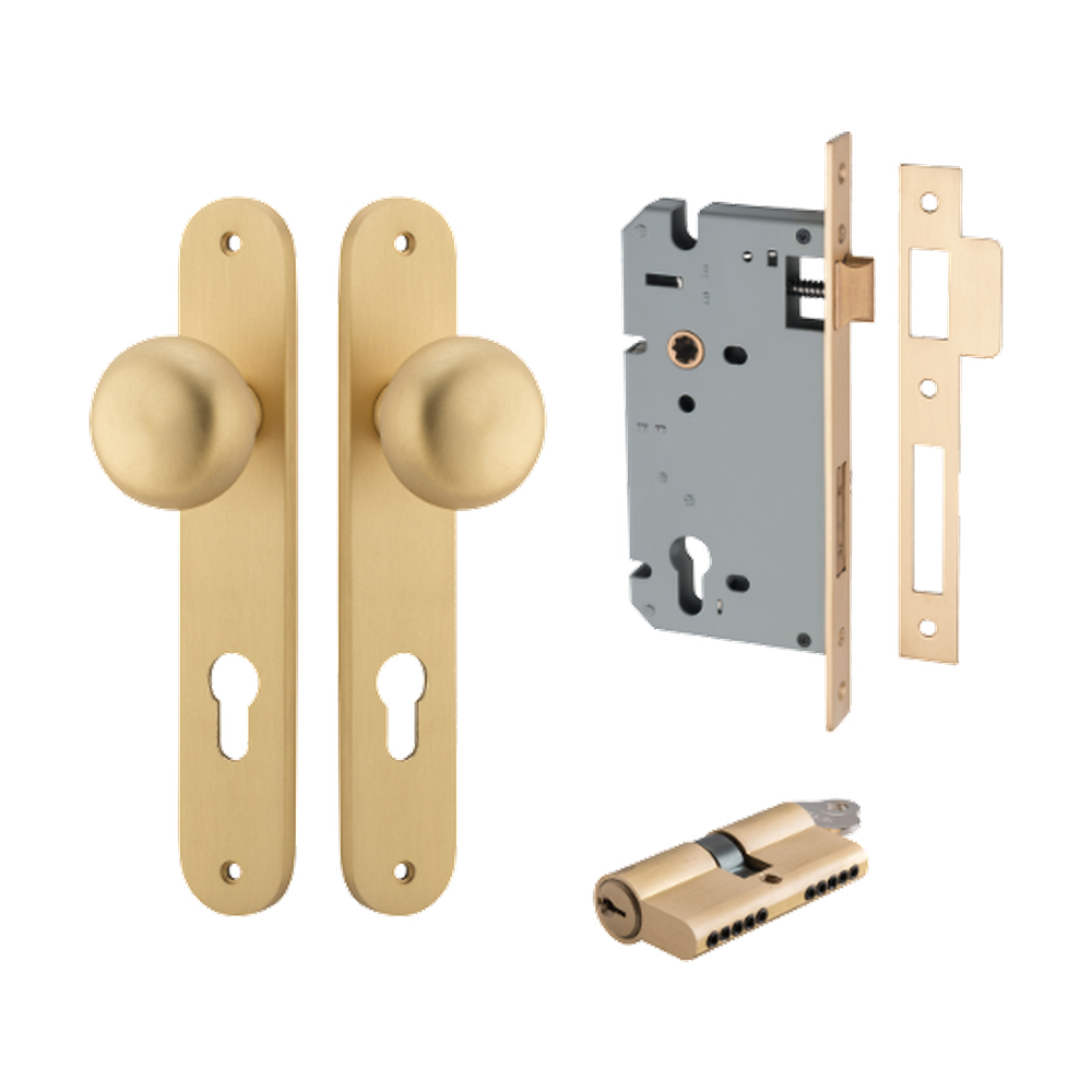 Door Knob Cambridge Oval Euro Brushed Brass CTC85mm H240xW40xP67mm Entrance Kit, Mortice Lock Euro Brushed Brass CTC85mm Backset 60mm, Euro Cylinder Dual Function 5 Pin Brushed Brass L65mm KA1 in Brushed Brass