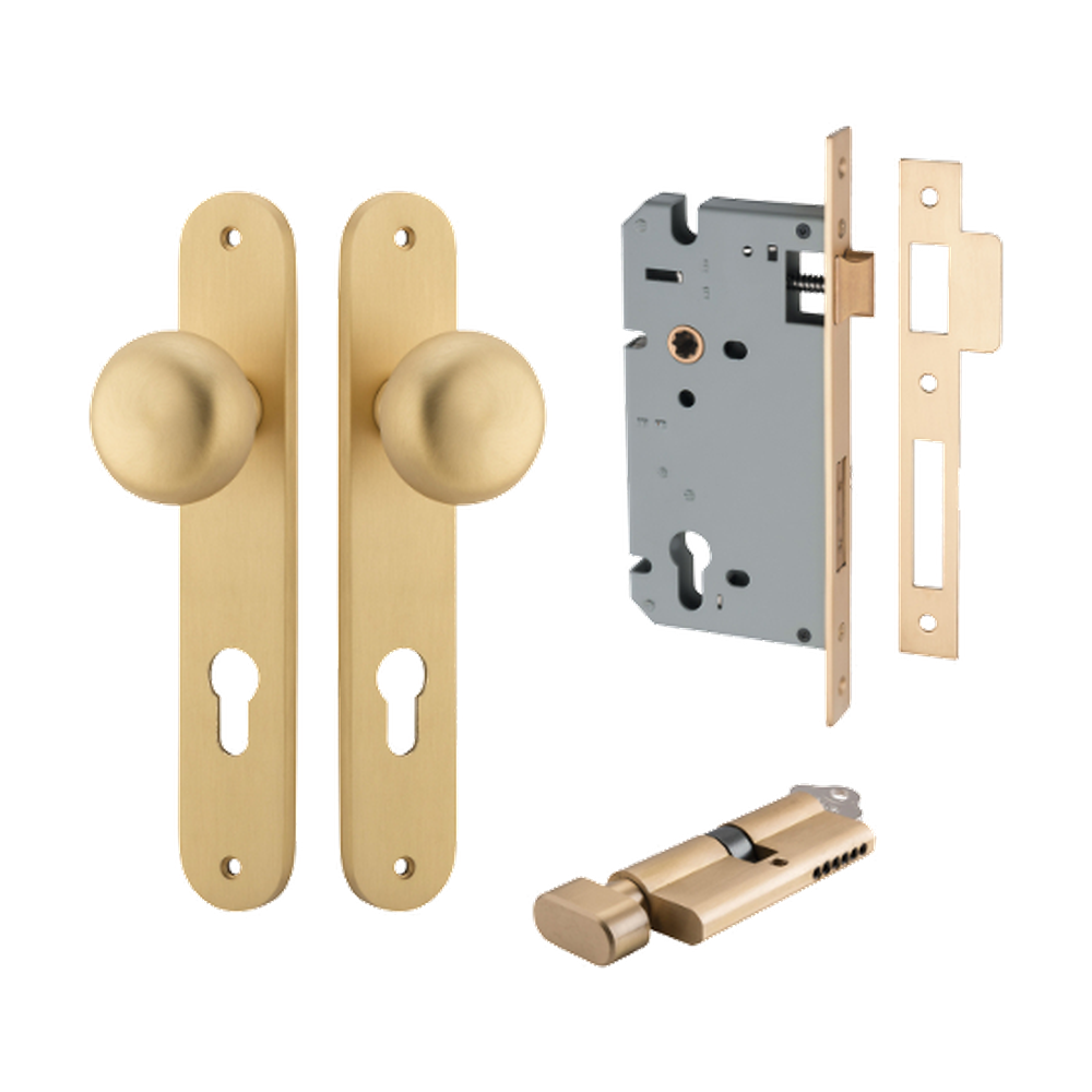 Door Knob Cambridge Oval Euro Brushed Brass CTC85mm H240xW40xP67mm Entrance Kit, Mortice Lock Euro Brushed Brass CTC85mm Backset 60mm, Euro Cylinder Key Thumb 6 Pin Brushed Brass L70mm  
 KA1 in Brushed Brass