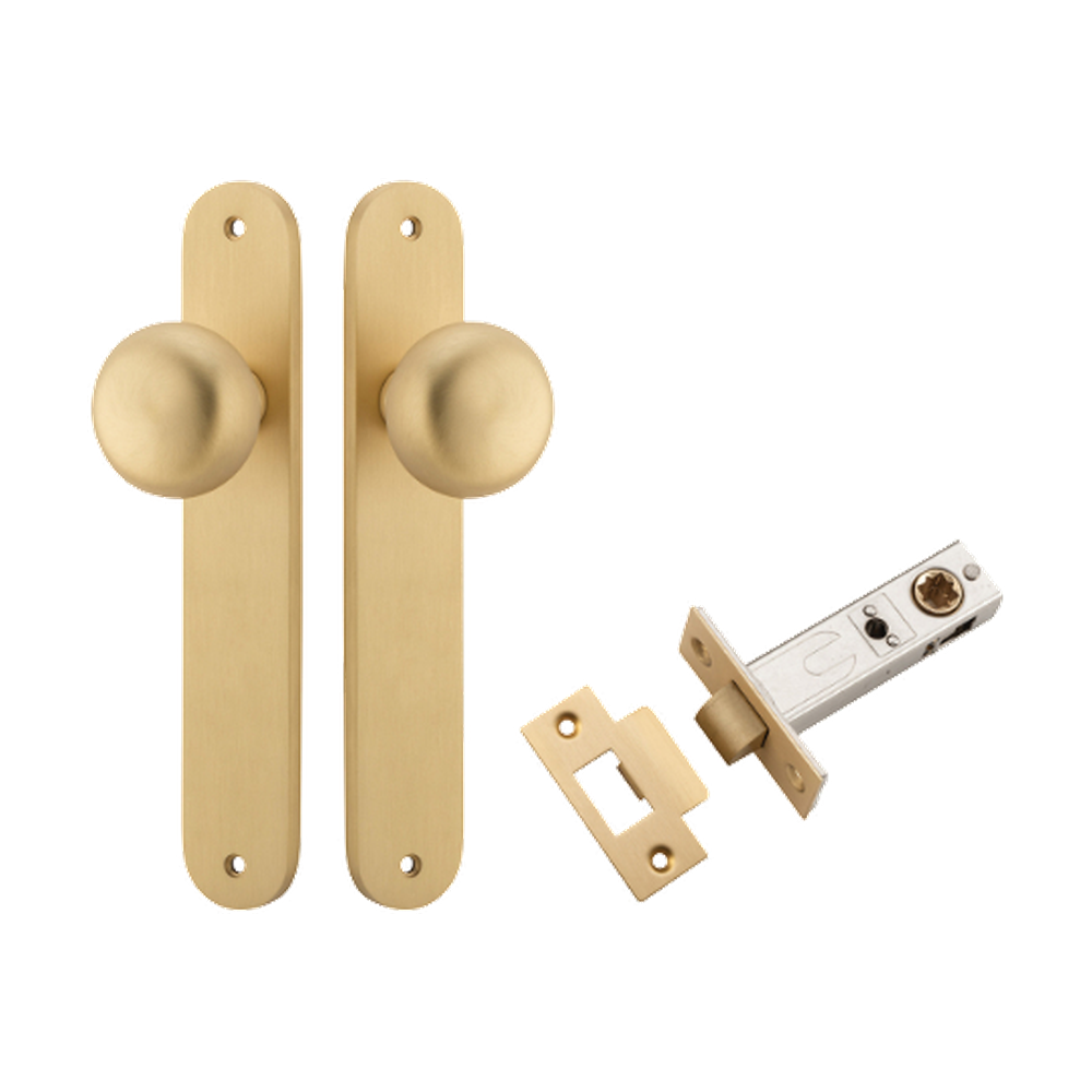 Door Knob Cambridge Oval Latch Brushed Brass H240xW40xP67mm Passage Kit, Tube Latch Split Cam 'T' Striker Brushed Brass Backset 60mm in Brushed Brass