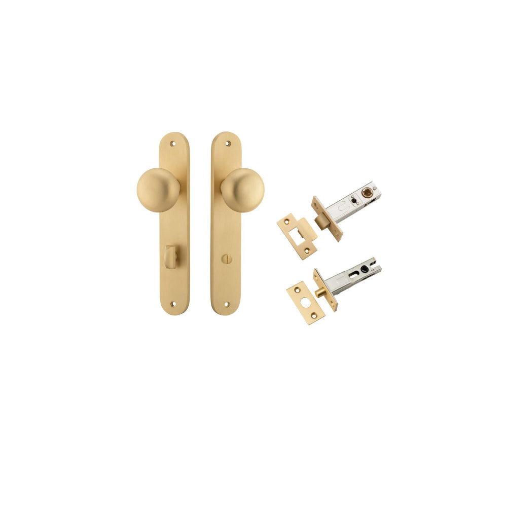 Door Knob Cambridge Oval Privacy Brushed Brass CTC85mm H240xW40xP67mm Inbuilt Privacy Kit, Tube Latch Split Cam 'T' Striker Brushed Brass Backset 60mm, Privacy Bolt Round Bolt Brushed Brass Backset 60mm in Brushed Brass