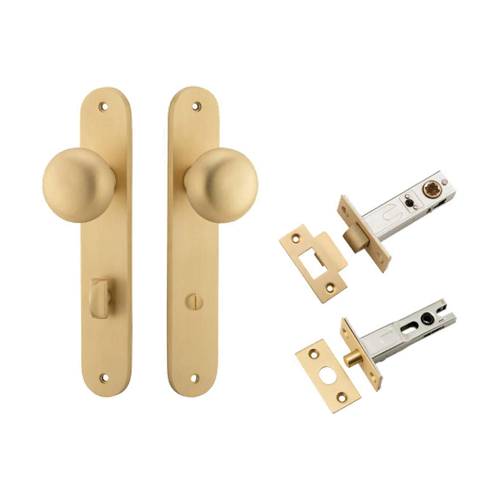 Door Knob Cambridge Oval Privacy Brushed Brass CTC85mm H240xW40xP67mm Inbuilt Privacy Kit, Tube Latch Split Cam 'T' Striker Brushed Brass Backset 60mm, Privacy Bolt Round Bolt Brushed Brass Backset 60mm in Brushed Brass