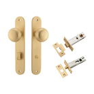 Door Knob Cambridge Oval Privacy Brushed Brass CTC85mm H240xW40xP67mm Inbuilt Privacy Kit, Tube Latch Split Cam 'T' Striker Brushed Brass Backset 60mm, Privacy Bolt Round Bolt Brushed Brass Backset 60mm in Brushed Brass