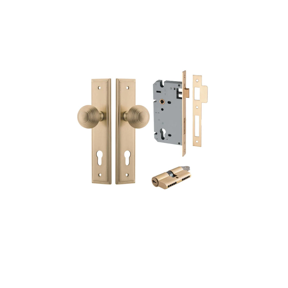 Door Knob Guildford Stepped Euro Brushed Brass CTC85mm H240xW50xP60mm Entrance Kit, Mortice Lock Euro Brushed Brass CTC85mm Backset 60mm, Euro Cylinder Dual Function 5 Pin Brushed Brass L65mm KA1 in Brushed Brass