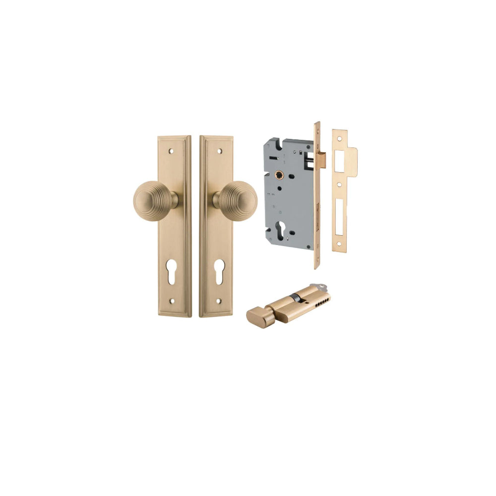 Door Knob Guildford Stepped Euro Brushed Brass CTC85mm H240xW50xP60mm Entrance Kit, Mortice Lock Euro Brushed Brass CTC85mm Backset 60mm, Euro Cylinder Key Thumb 6 Pin Brushed Brass L70mm  

 KA1 in Brushed Brass