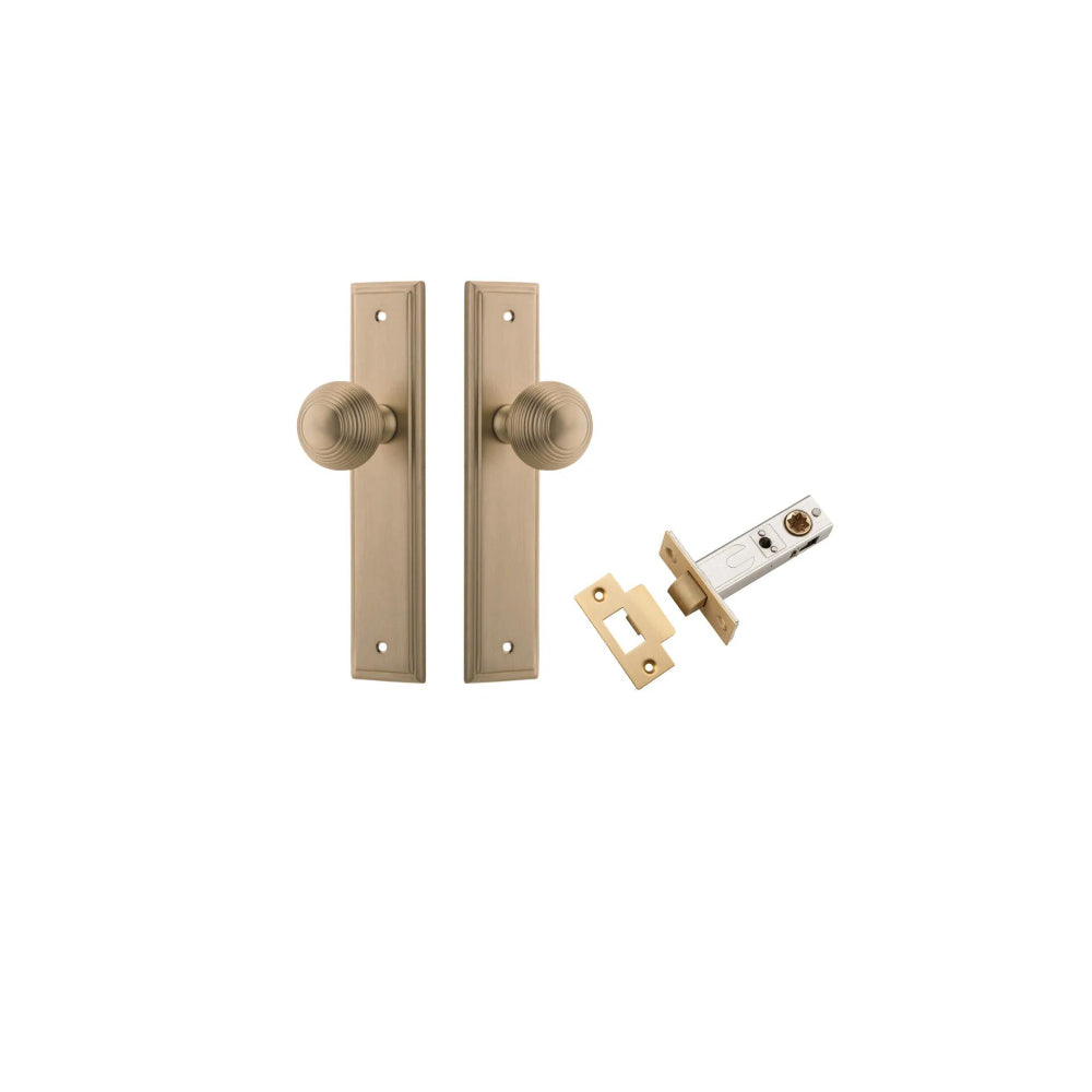 Door Knob Guildford Stepped Latch Brushed Brass H240xW50xP60mm Passage Kit, Tube Latch Split Cam 'T' Striker Brushed Brass Backset 60mm in Brushed Brass