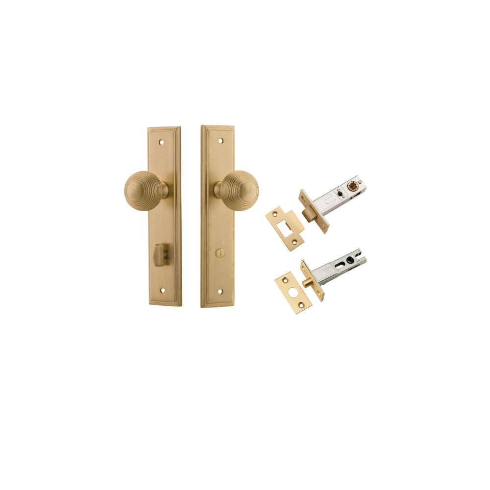 Door Knob Guildford Stepped Privacy Brushed Brass CTC85mm H240xW50xP60mm Inbuilt Privacy Kit, Tube Latch Split Cam 'T' Striker Brushed Brass Backset 60mm, Privacy Bolt Round Bolt Brushed Brass Backset 60mm in Brushed Brass