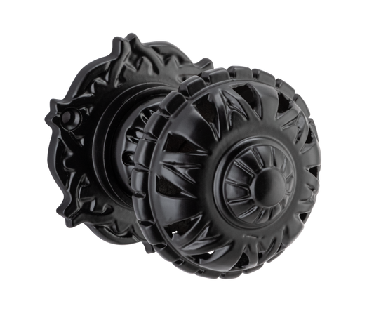 Door Knob Filigree Round Rose Pair Matt Black D63xP78mm in Matt Black