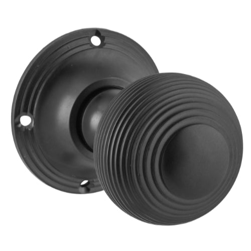 Door Knob Reeded Mortice Pair Matt Black D51xP81mm BP60mm in Matt Black