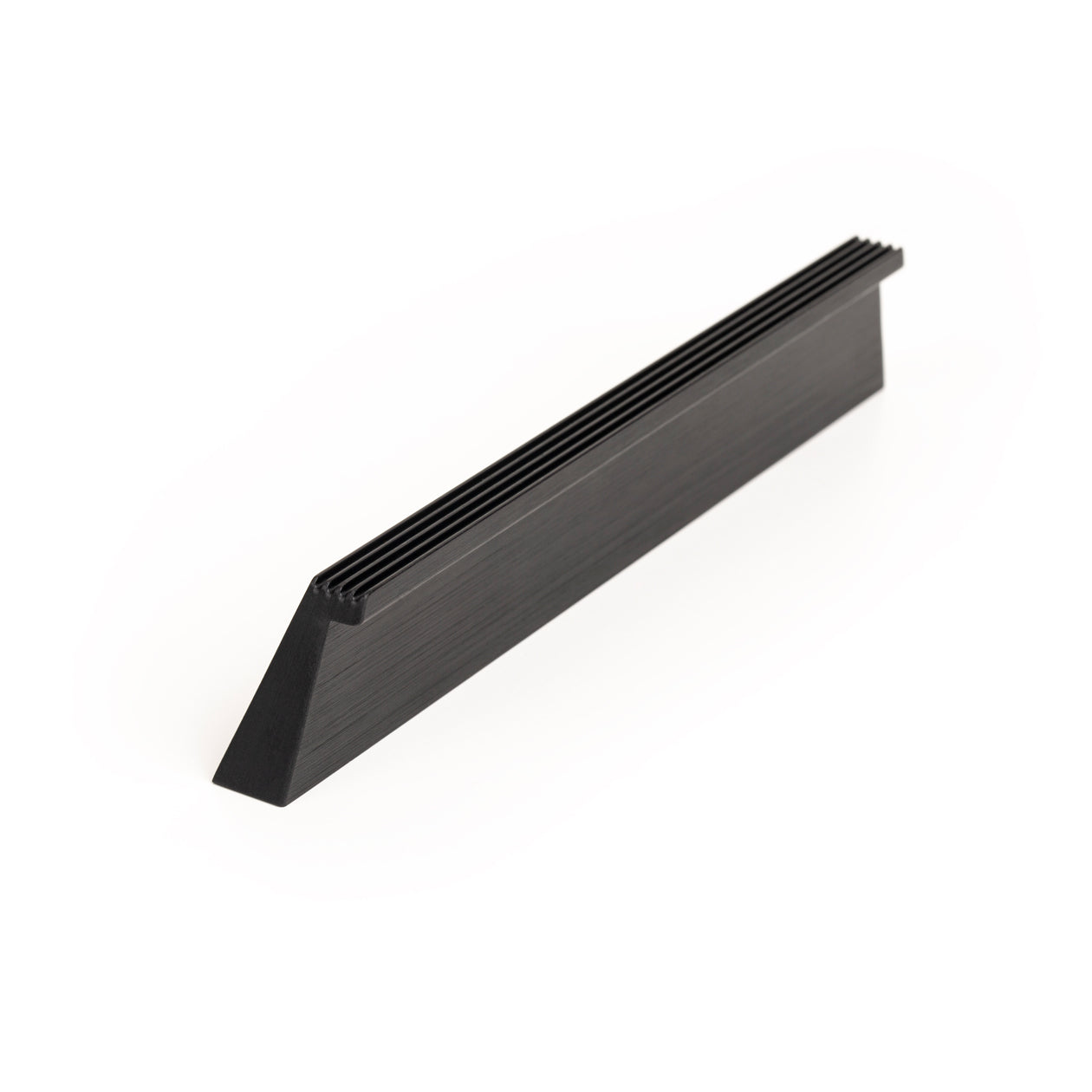Momo RAIL cabinet pull handle in black with a sleek, modern design attached to a cabinet door.