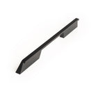Momo RAIL cabinet pull handle in black finish mounted on a wood cabinet, showcasing modern kitchen hardware design.
