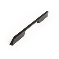 Momo RAIL cabinet pull handle in black finish mounted on a wood cabinet, showcasing modern kitchen hardware design.