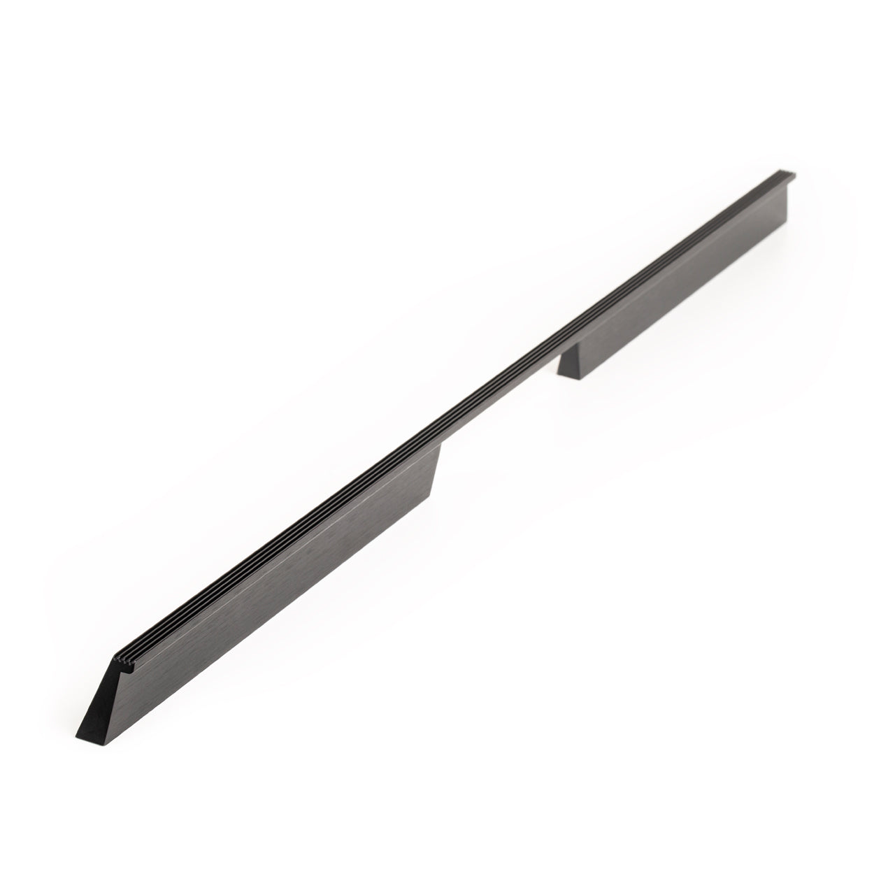 Momo RAIL cabinet pull handle in black finish, showcasing sleek metal design mounted on cabinet surface.