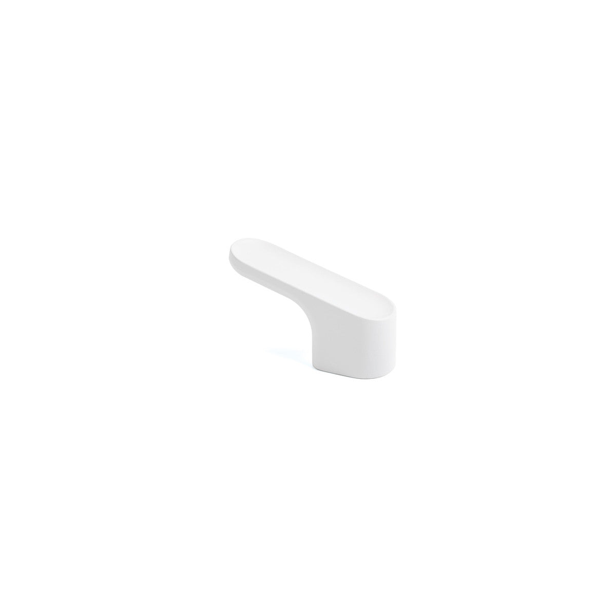 Momo LUV angled cabinet knob in white with a sleek, modern design, mounted on a cabinet door.