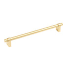 Close-up of Momo Loreto cabinet pull handle in brushed brass finish, showcasing sleek design and smooth surface.