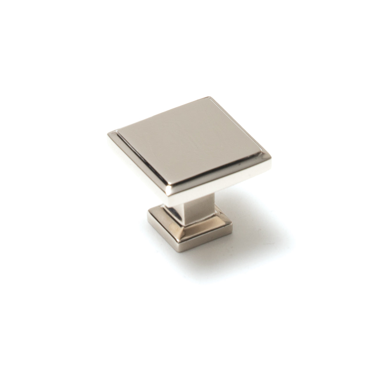 Momo LUCCA square cabinet knob in polished nickel with a sleek, modern design for kitchen or furniture cabinetry.
