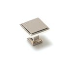 Momo LUCCA square cabinet knob in polished nickel with a sleek, modern design for kitchen or furniture cabinetry.